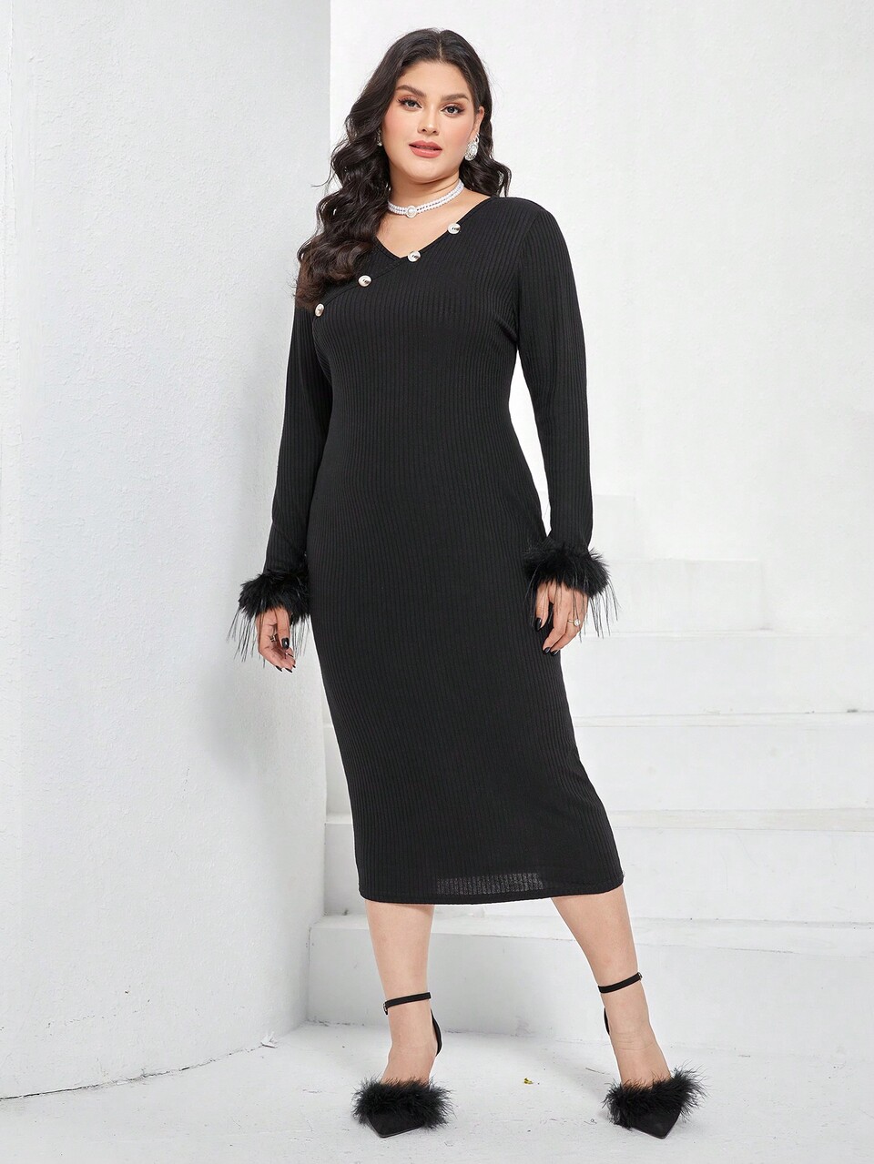 Plus Fuzzy Cuff Button Detail Fitted Dress Without Belt Long Evening Dresses Fall Cloth For Women