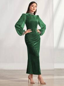 Modelyn Mock Neck Lantern Sleeve Ruched Velvet Dress - Green - View 1