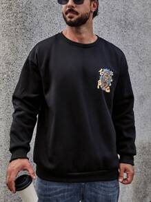 Manfinity LEGND Men Plus Tiger & Slogan Graphic Thermal Lined Sweatshirt