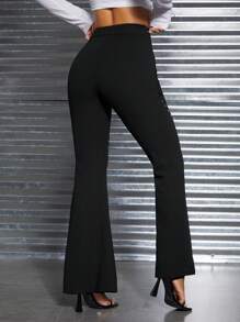 SHEIN PETITE Lưới tương phản Chi tiết đáng kinh ngạc Quần ống loe - màu đen - Xem 2