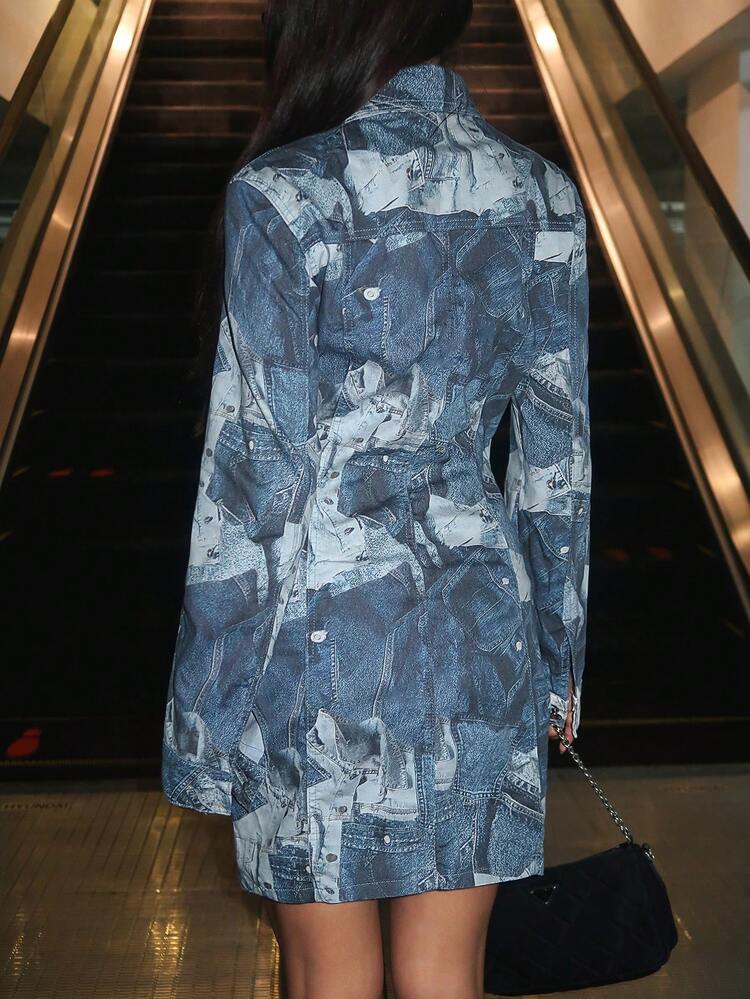 Allover Print Button Front Denim Shirt Dress