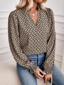 SHEIN LUNE 滿版印花荷葉袖褶邊襯衫 - 卡其色 - 查看 4