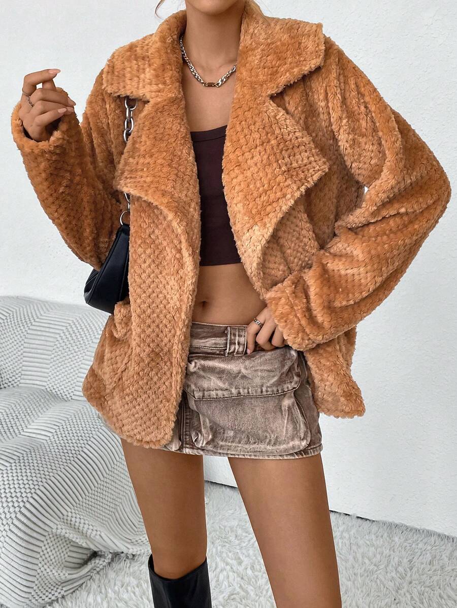 SHEIN Essnce Lapel Neck Open Front Fleece Coat - Yellow - View 1