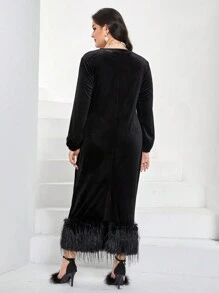Modelyn Plus Fuzzy Hem Belted Velvet Dress - Black - View 2