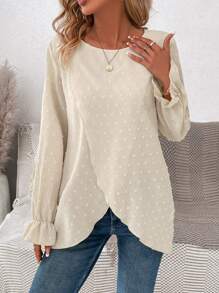 EMERY ROSE 圓點荷葉袖鬱金香下擺襯衫 - 杏色 - 查看 6