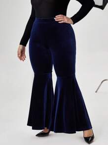 SHEIN Privé Plus Solid Velvet Flare Leg Pants - Blue - View 1