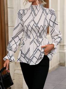 SHEIN Clasi Geo Print Flounce Sleeve Peplum Blouse - Multicolor - View 1