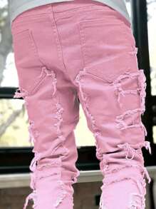 Men Solid Distressed Jeans - Pink - View 5