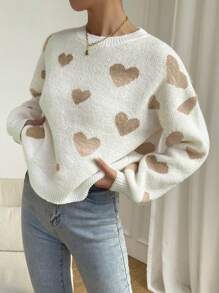 Chiquease Heart Pattern Drop Shoulder Sweater,Long Sleeve Tops Knit Pullover Fall Winter Outfit - Multicolor - View 5