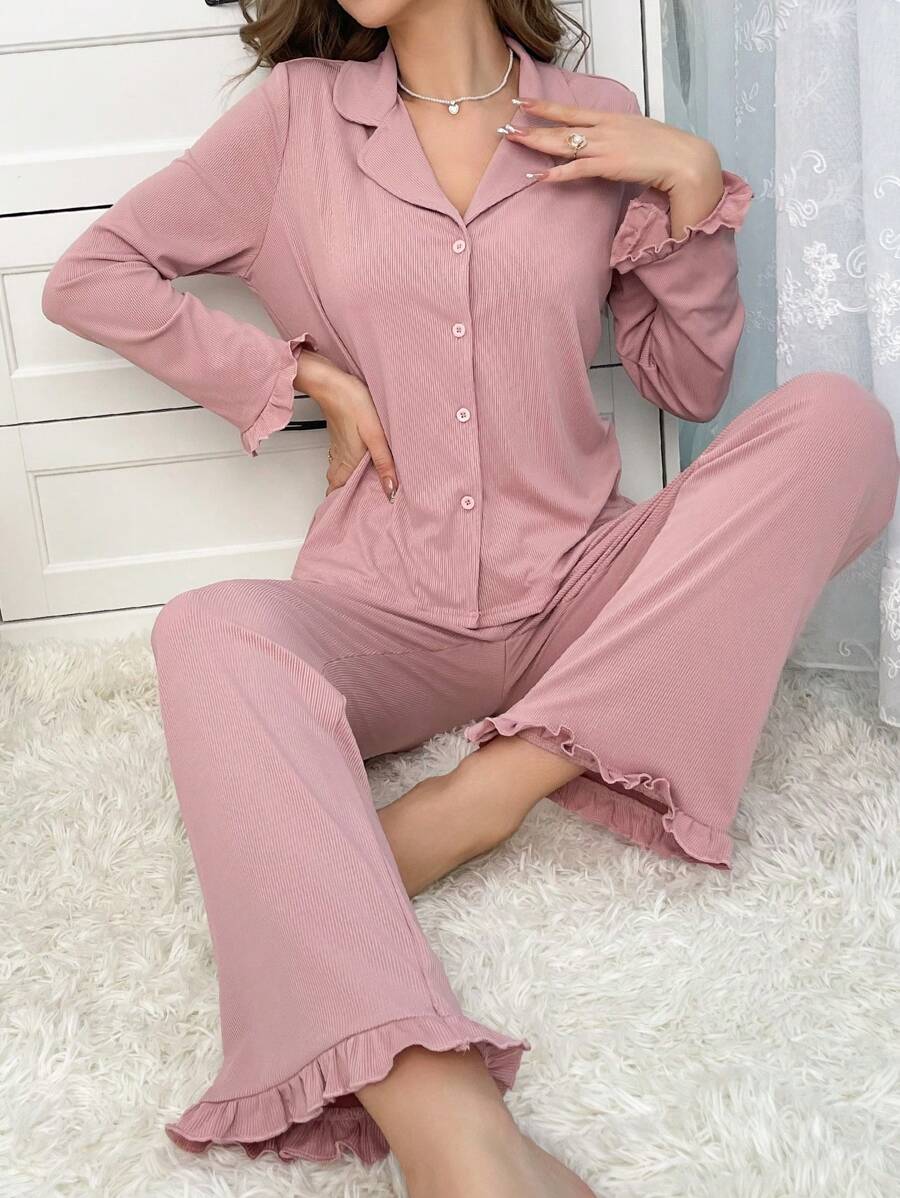 Ruffle Trim Button Front Lounge Set - Dusty Pink - View 1