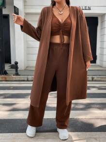 Flirla Plus Drawstring Front Tank Top & Pants & Coat - Brown - View 1