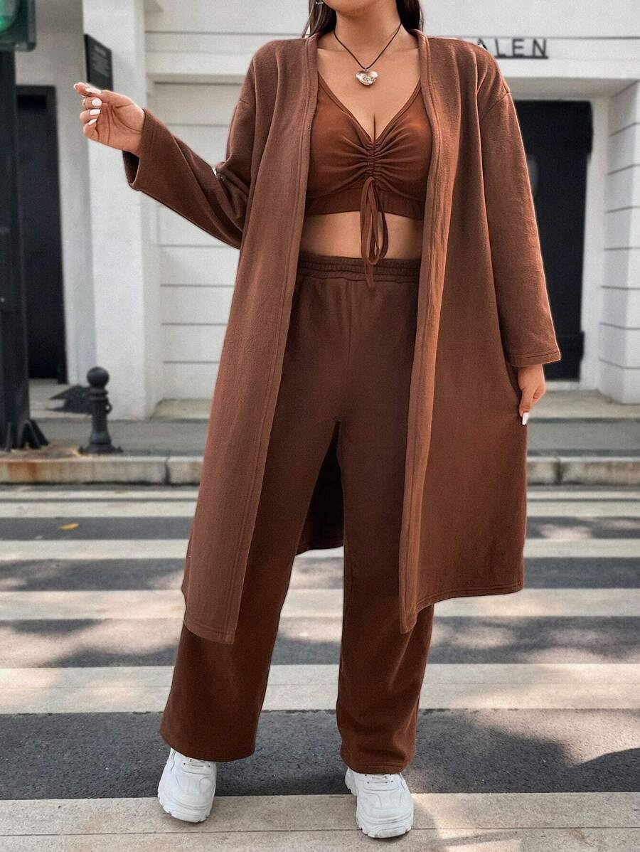 Flirla Plus Drawstring Front Tank Top & Pants & Coat - Brown - View 1