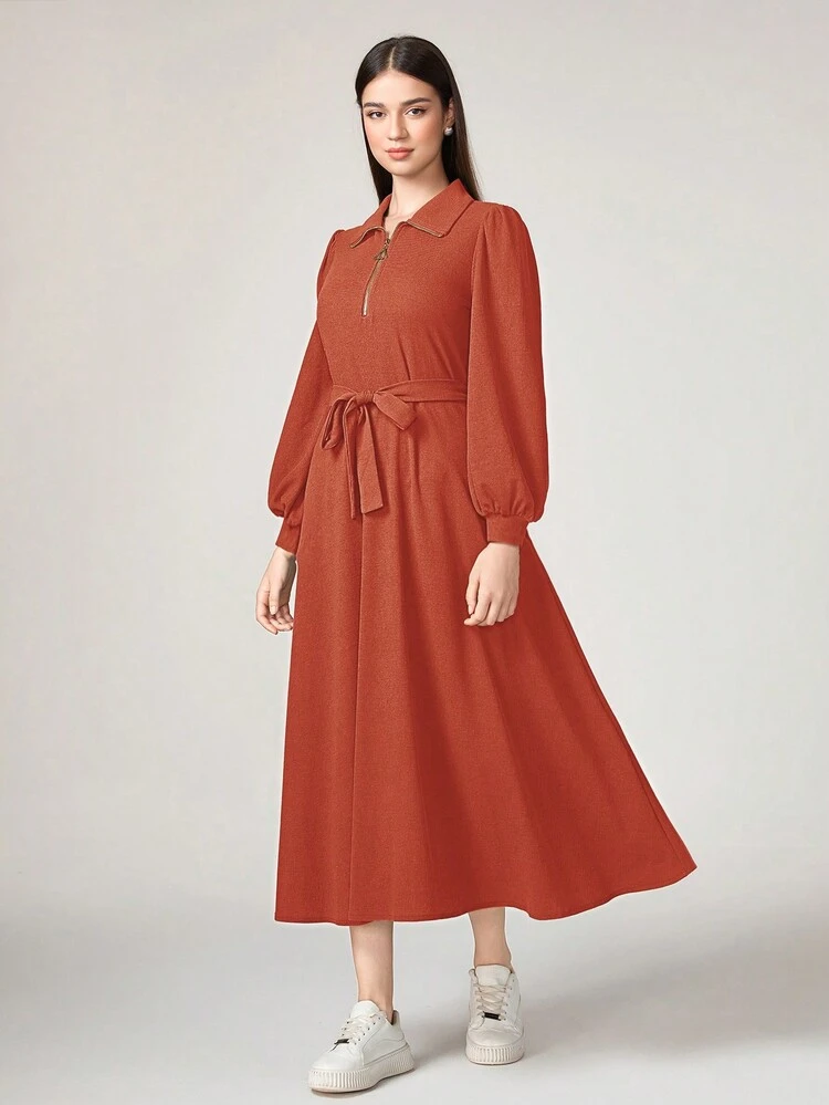 Solid Belted A-line Dress