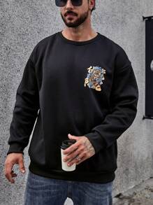 Manfinity LEGND Men Plus Tiger & Slogan Graphic Thermal Lined Sweatshirt