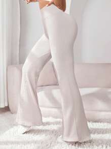 Easithlete Solid Flare Leg Sports Pants - Beige - View 5