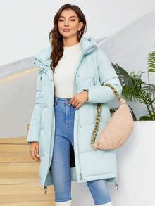 Zip Up Drawstring Hem Hooded Padded Coat - Mint Green - View 8
