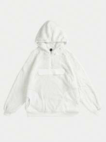 SHEIN EZwear Half Zip Drop Shoulder Teddy Sweatshirt - White - View 3