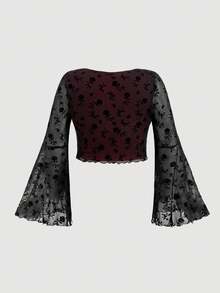 SHEIN MOD Plus Floral Jacquard Lettuce Trim Trumpet Sleeve Mesh Tee - Burgundy - View 2