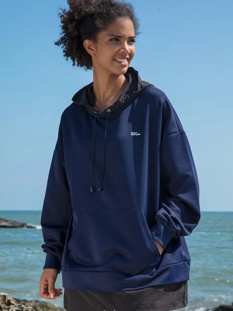 Letter Graphic Kangaroo Pocket Drawstring Outdoor Sweatshirt