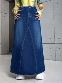 SHEIN ICON 毛邊斜口袋後背開衩牛仔半身裙 - 深色水洗藍 - 查看 4