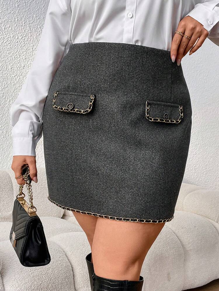 Plus High Waist Flap Detail Chain Trim Skirt