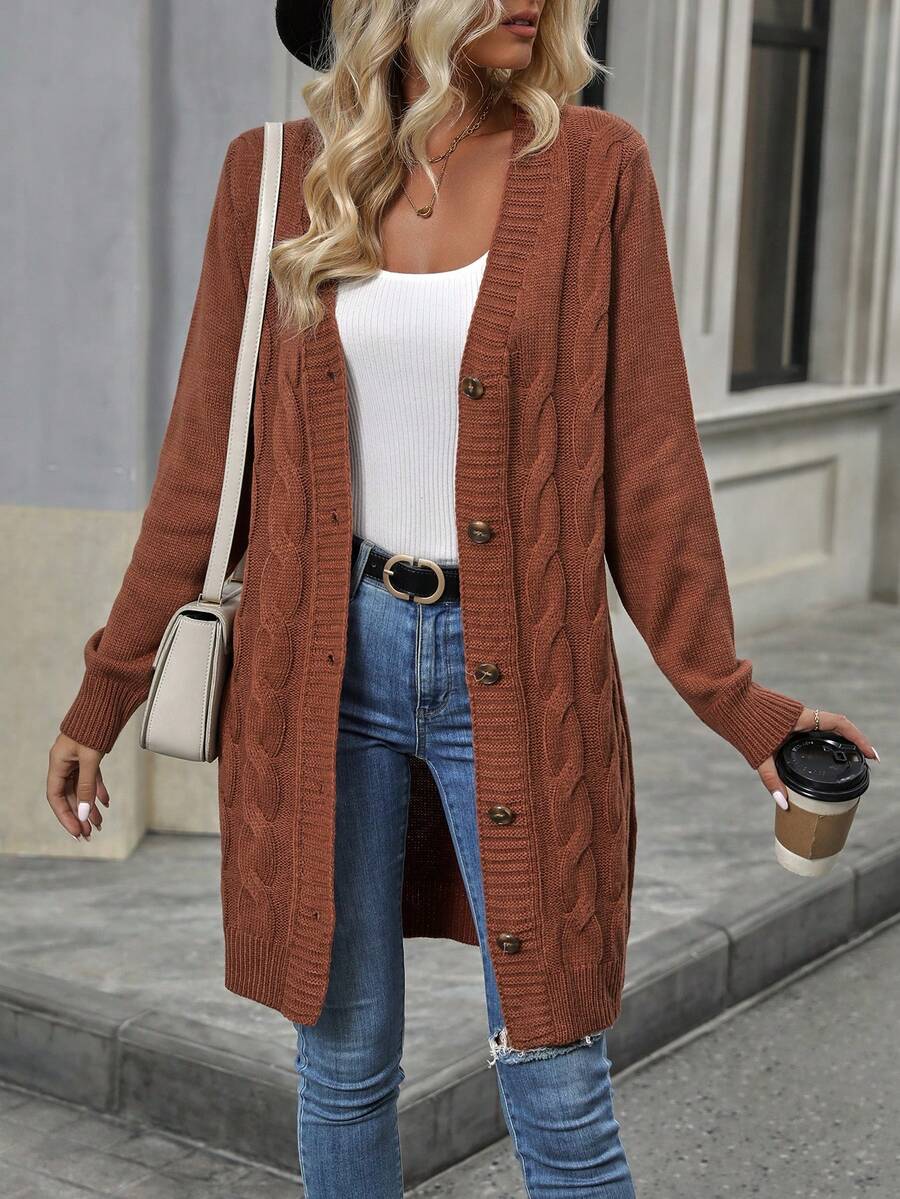 SHEIN Frenchy Cable Knit Button Front Cardigan - Camel - View 1
