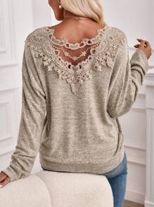 SHEIN LUNE Guipure Lace Insert Drop Shoulder Sweatshirt - Khaki - View 3