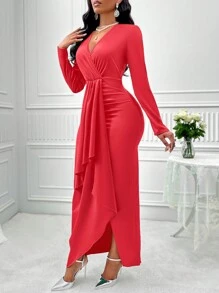 SHEIN Lady 交疊領褶邊不對稱下擺洋裝 - 紅色 - 查看 6