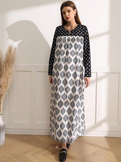 Al Najma 印花拼接色塊凹口領連身裙