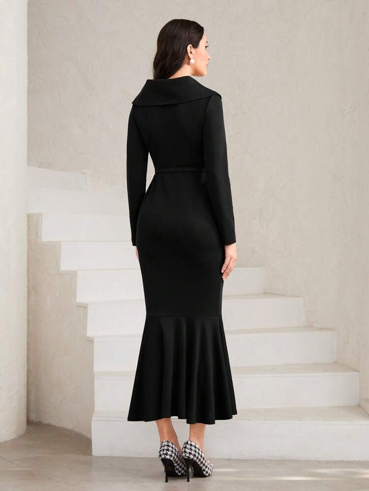 Solid Button Front Mermaid Hem Dress Long Evening Dresses