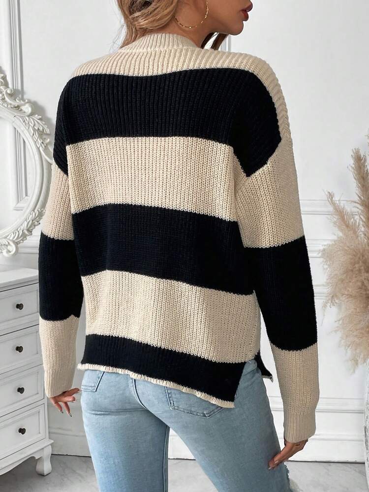 Colorblock Button Front Drop Shoulder Pocket Patched Knit Pullover Fall Winter Sweater