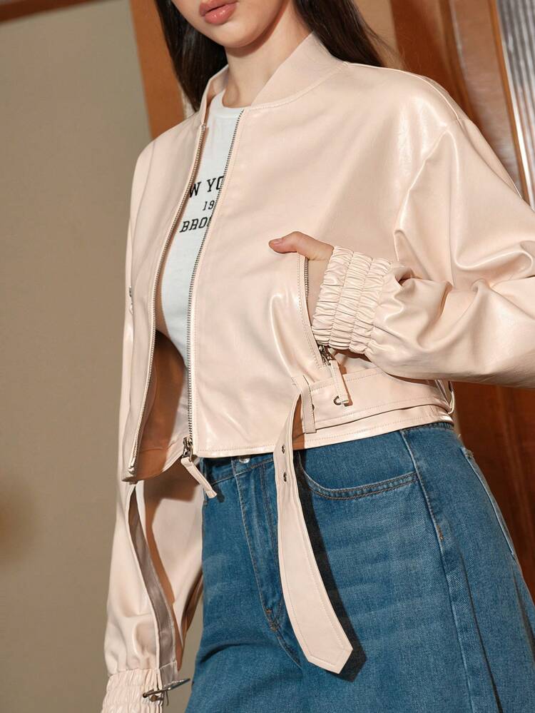 Zip Up Belted PU Leather Bomber Jacket