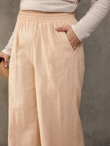SHEIN EZwear 大碼斜口袋闊腿褲 - 杏色 - 查看 5