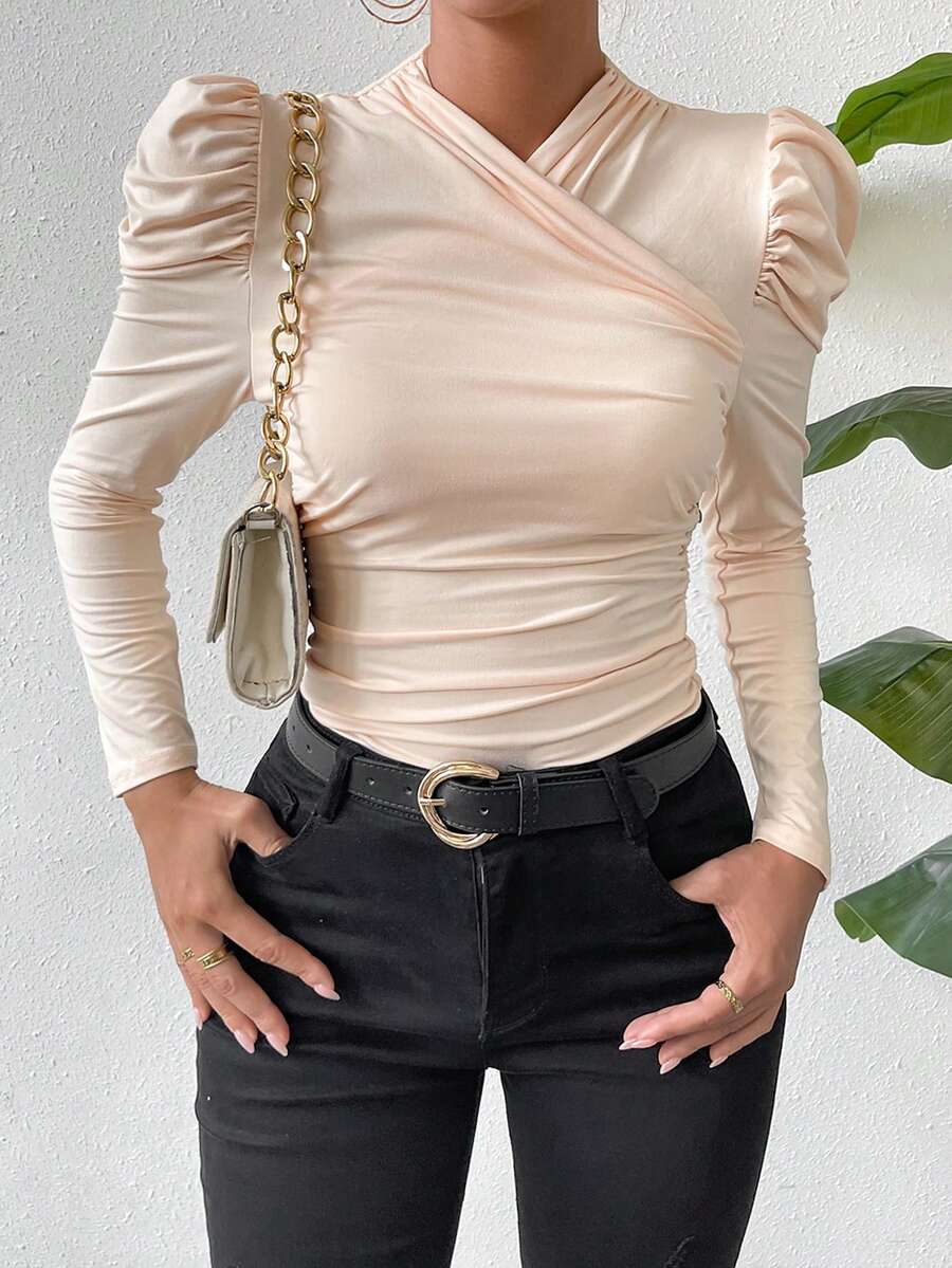 SHEIN Privé 素色泡泡袖側收褶T恤 - 杏色 - 查看 1