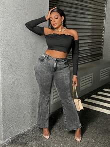 SHEIN SXY Plus High Waist Ripped Flare Leg Jeans - Dark Grey - View 4