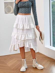 Soleia 女性純色多層鬆緊不對稱裙襬 - 白色 - 查看 3