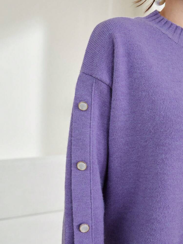 Drop Shoulder Button Detail Split Cuff Knit Pullover Fall Winter Sweater