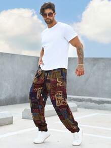 Manfinity RSRT Calças Longas Tapered Men Plus Patchwork Print com Cordão na Cintura, Gráficos Coloridos de Harém, Tamanho Casual - Multicolorido - Visão 8
