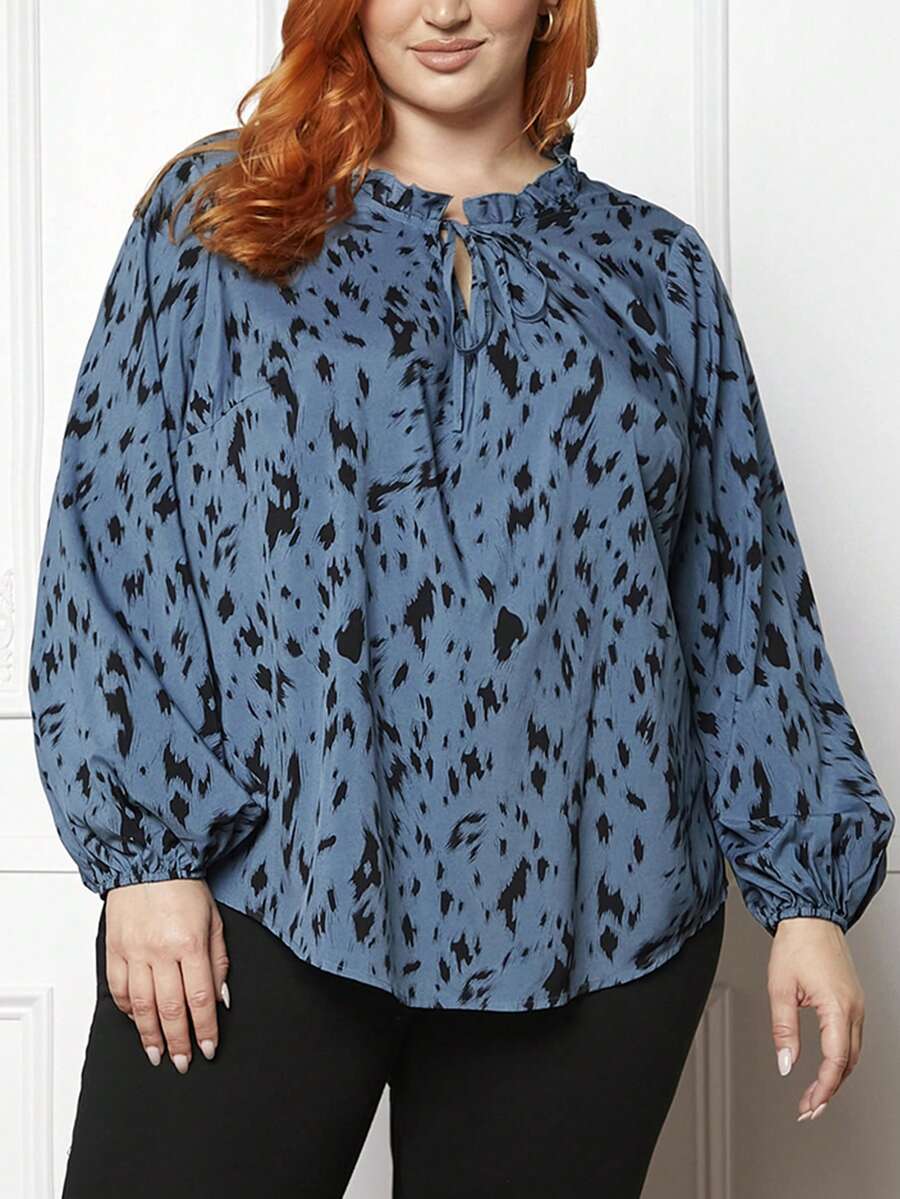 SHEIN CURVE+ Plus Allover Print Tied Neckline Lantern Sleeve Blouse - Blue - View 1
