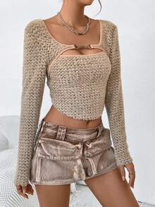 SHEIN ICON Cắt ra phía trước Áo phông Crop - Màu Khaki - Xem 3