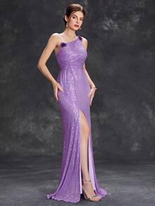 Asymmetrical Neck Split Thigh Sequin Prom Dress - Purple - View 4