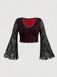 SHEIN MOD Plus Floral Jacquard Lettuce Trim Trumpet Sleeve Mesh Tee - Burgundy - View 1