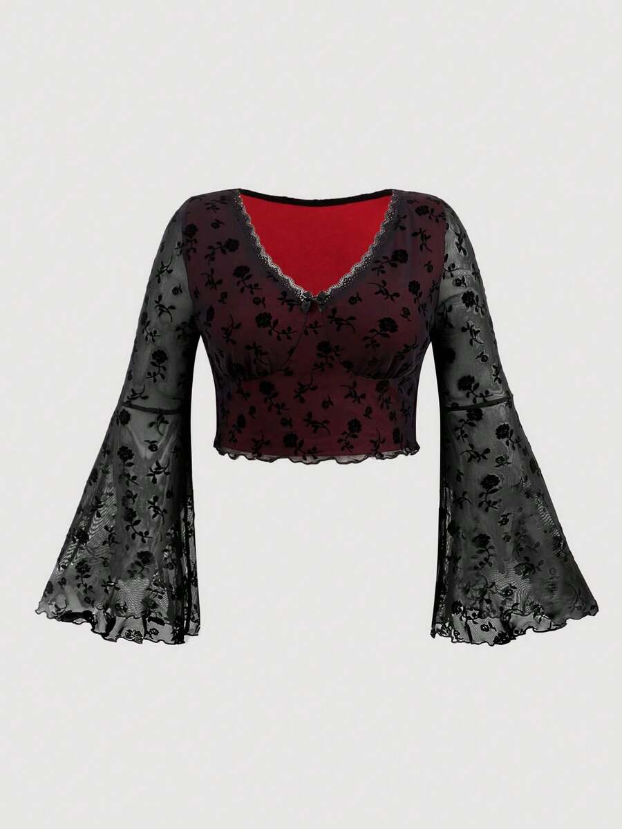 SHEIN MOD Plus Floral Jacquard Lettuce Trim Trumpet Sleeve Mesh Tee - Burgundy - View 1