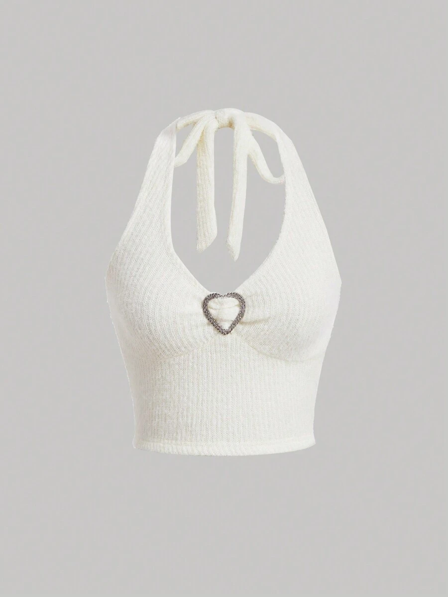 SHEIN MOD Heart Ring Detail Halter Top - White - View 1
