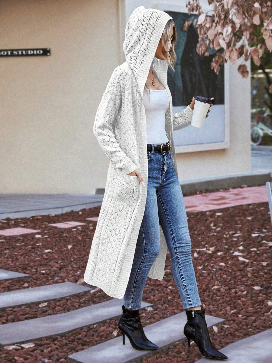 SHEIN Essnce Dệt kim chấm bi Túi Kép áo có mũ Áo len Duster - Màu be - Xem 1