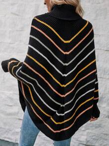 SHEIN LUNE 條紋圖案高領蝙蝠袖斗篷毛衣 - 彩色 - 查看 2