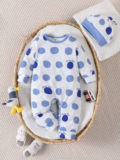 Baby Boy Polka Dot Print Contrast Binding Jumpsuit & Hat