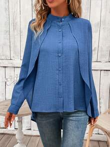 EMERY ROSE 素色前紐扣高低下擺襯衫 - 藍色 - 查看 3