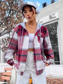 SHEIN Unity 格紋印花落肩袖抽繩連帽外套 - 紫紅色 - 查看 3
