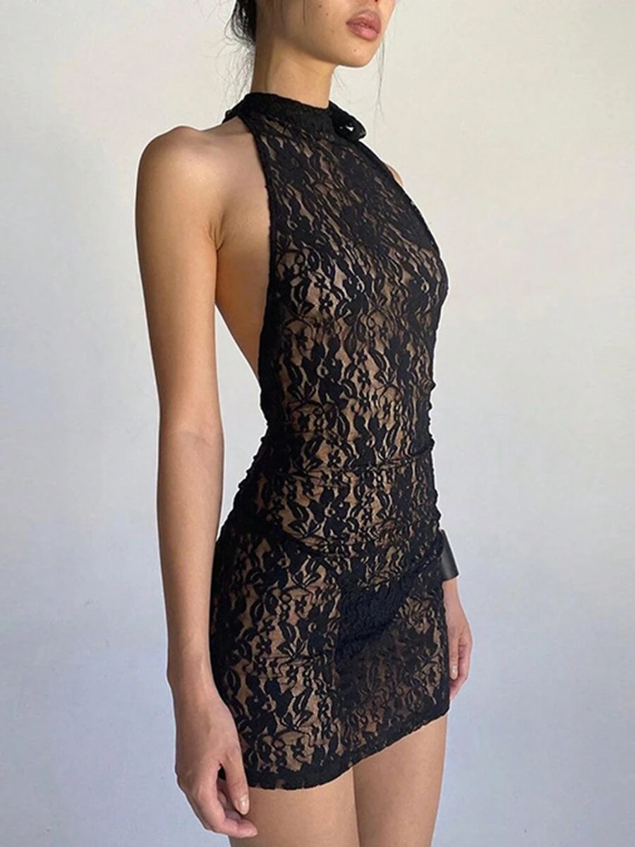 黑色蕾丝吊带露背紧身连衣裙，无需内裤，适合夏季派对 - 黑色 - 查看 1